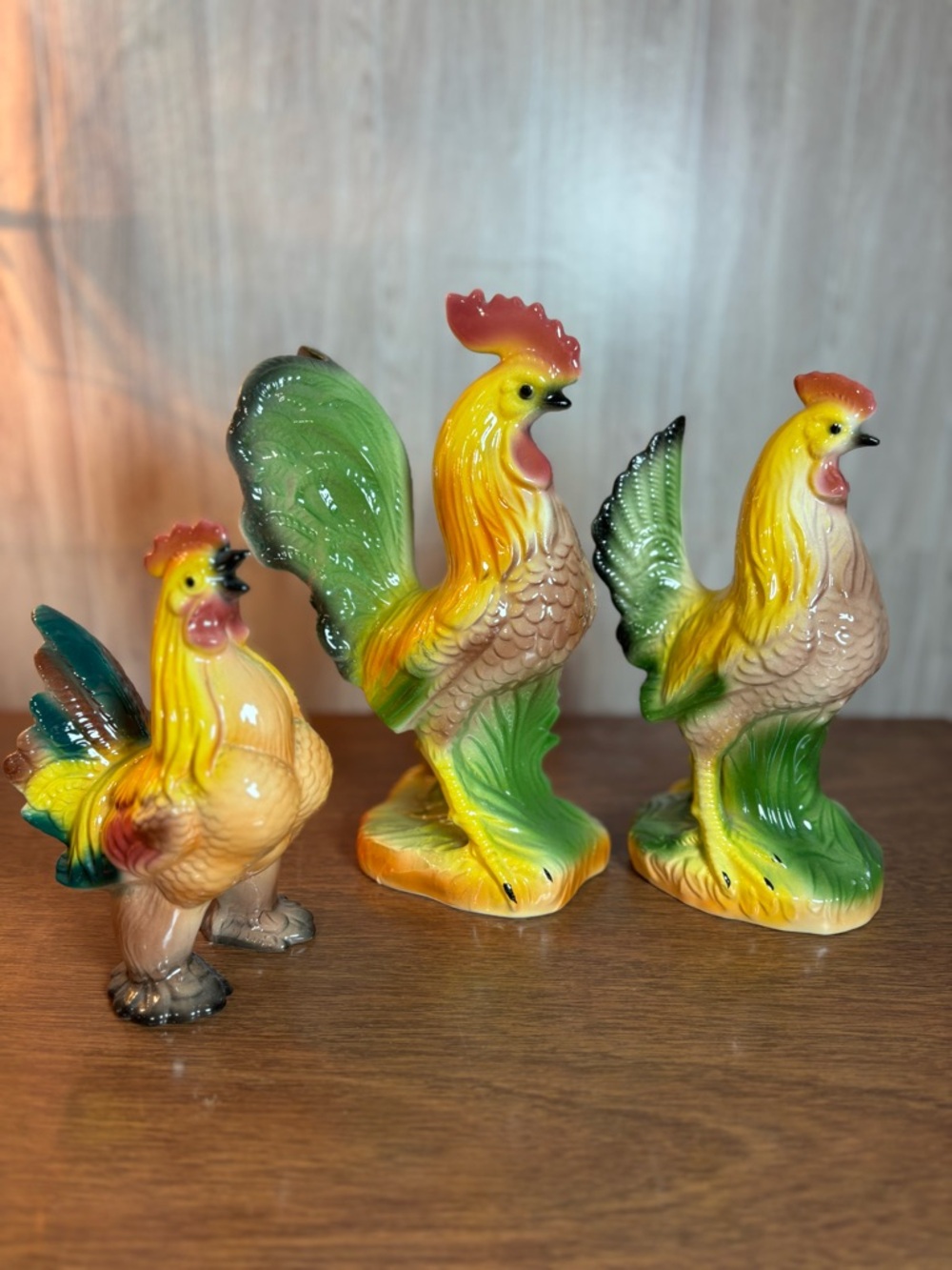Colorful Ceramic Rooster Figurine Set - Yellow and Green Glazed